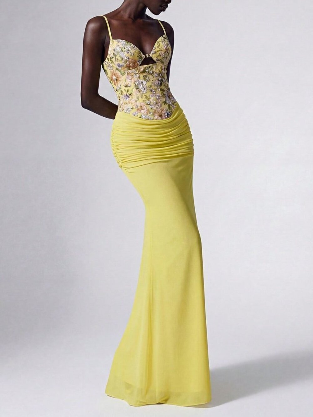 yellow Elegant Women's Sequined Embroidered Gown Dress